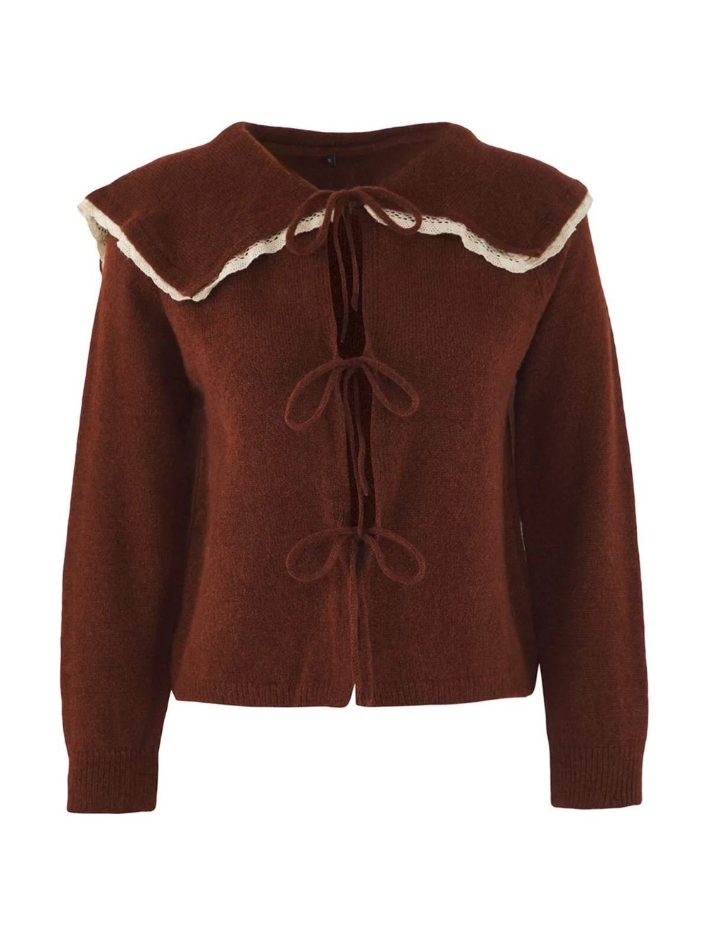 Primark Tie-Front Sweater Peter Pan Lace Trim Collar Burgundy Maroon Sz Small